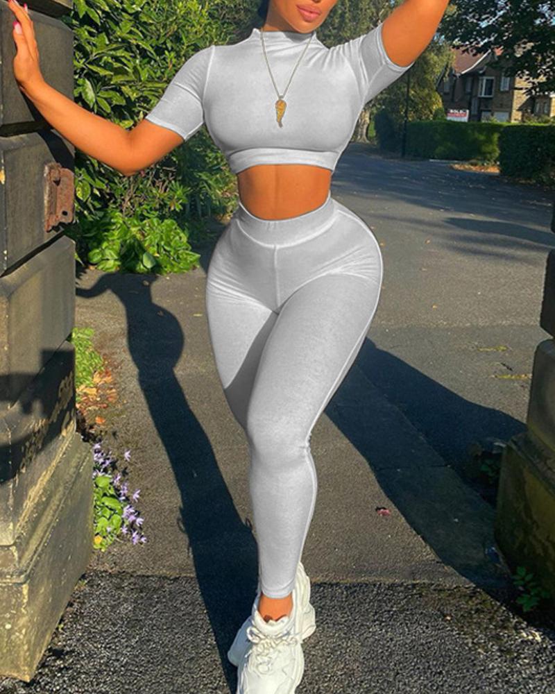 

Solid Short Sleeve Skinny Cropped T-shirt With Pants Suit Sets, Gray