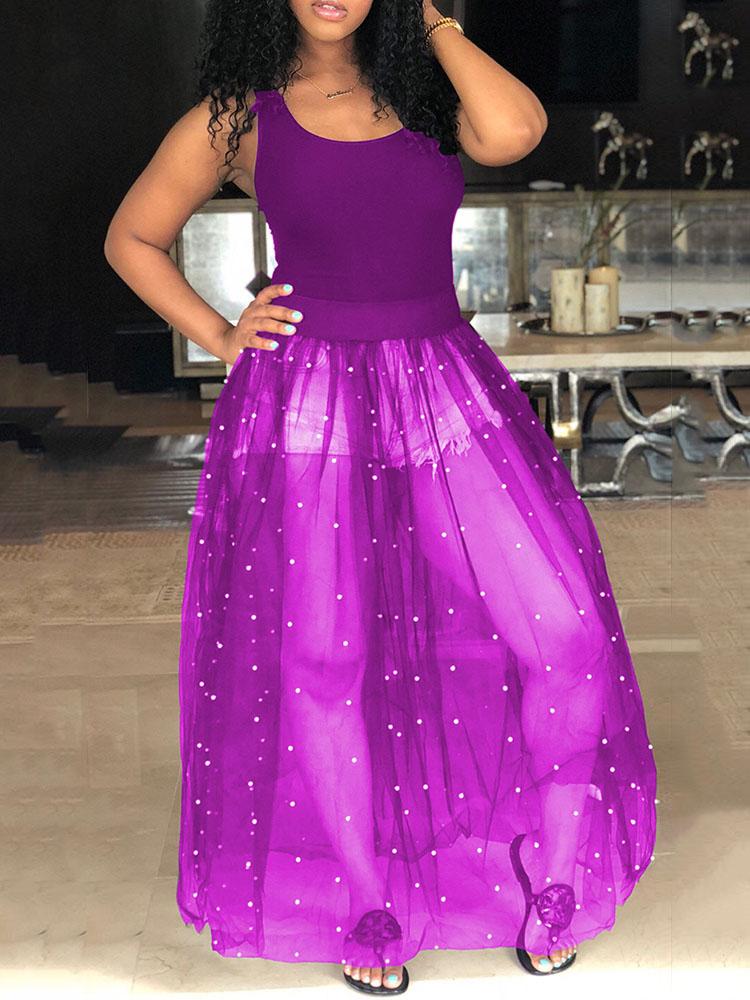 beading mesh splicing pleated maxi dress