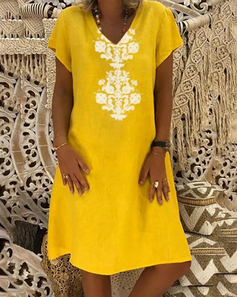 

Retro Print Short Sleeve Casual Women Dress, Yellow
