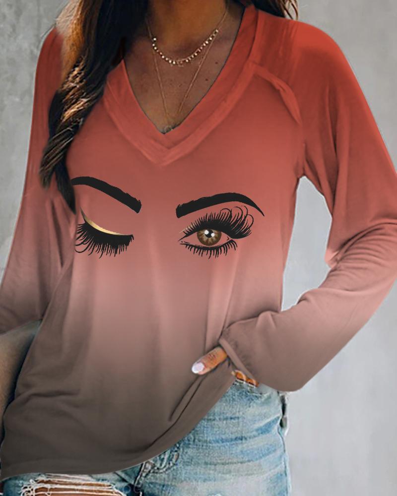 

Eye Print Long Sleeve Casual Top, Multicolor