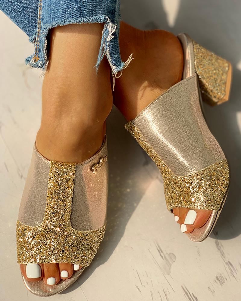 

Glitter Peep Toe Slingback Chunky Heeled Sandals, Gold