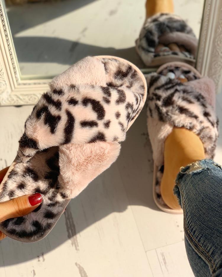 

Fluffy Leopard Crisscross Peep Toe Slippers, Pink