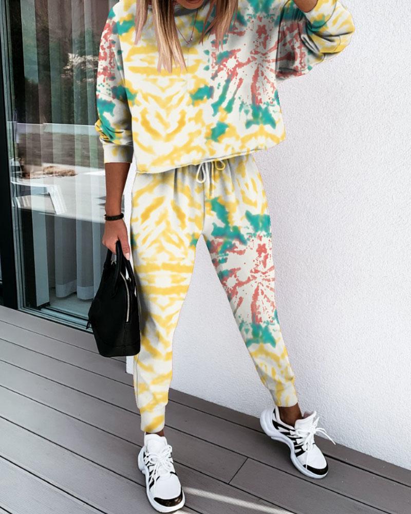 

Tie Dye Floral Print Top & Drawstring Pants Set, Yellow