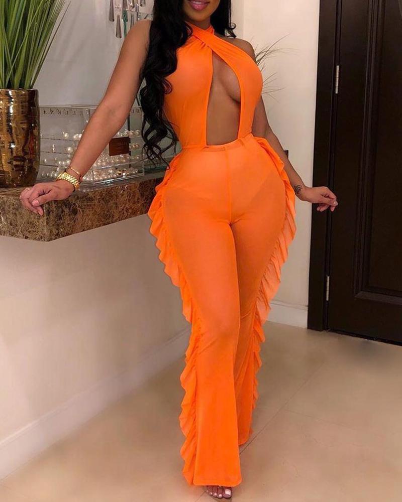 

Ruffles Trim Sheer Mesh Backless Cutout Jumpsuit, Orange