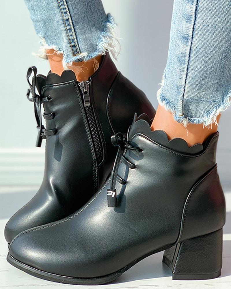 

Lace-up Scallop Trim Chunky Boots, Black