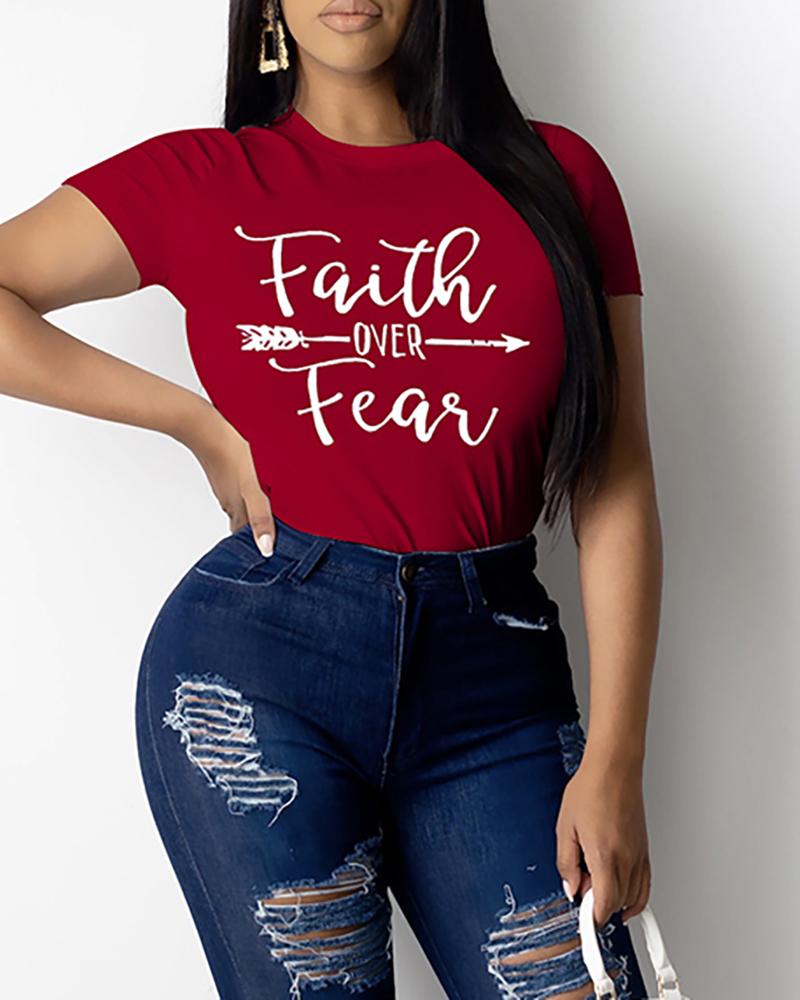 

Letter Print Short Sleeve Casual T-shirt, Red
