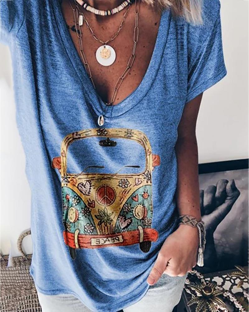 

Car Print V-neck Casual T-shirt, Blue