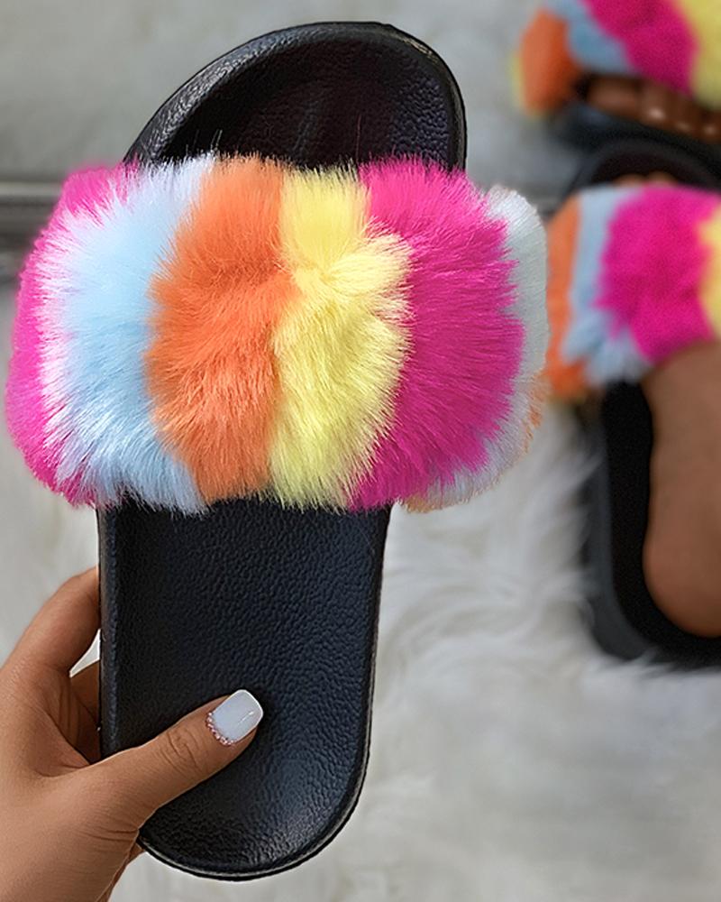

Colorblock Open Toe Fluffy Slippers, Multicolor