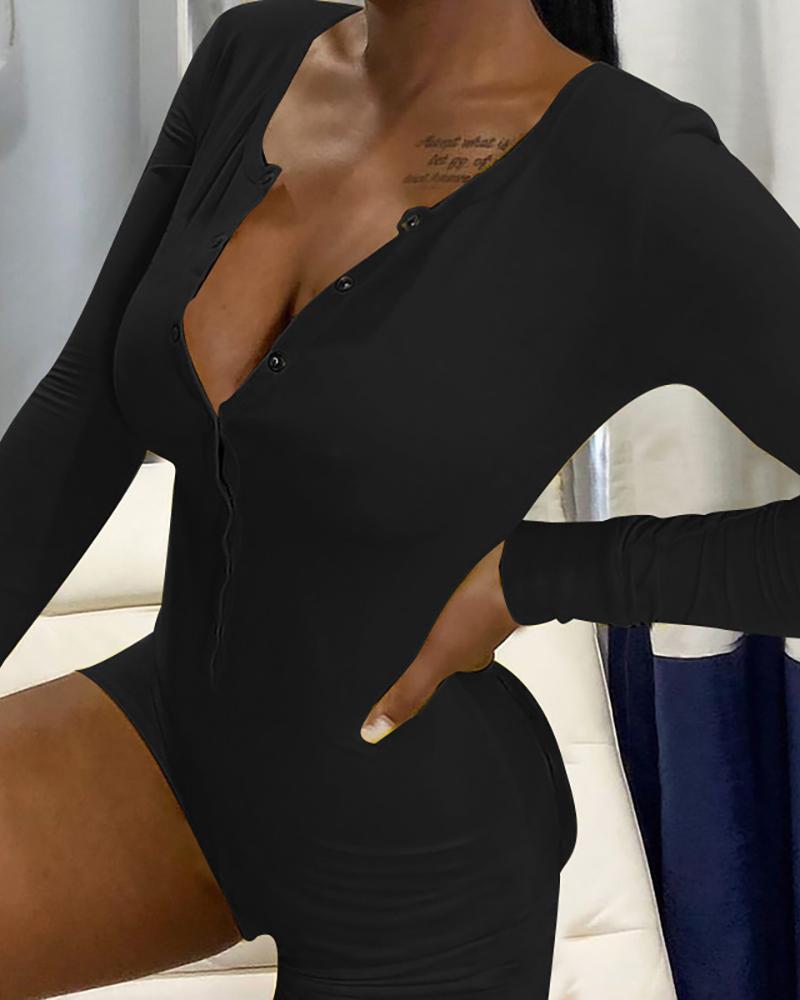 

Plain Long Sleeve Functional Buttoned Design Romper, Black
