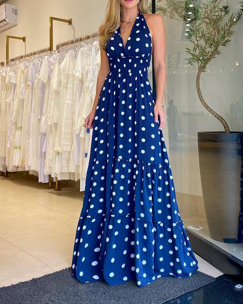 

Polka Dot Print Halter Sleeveless Dress, Blue