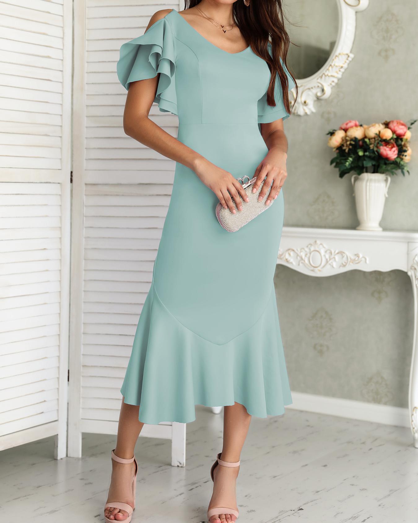 solid ruffles backless fishtail maxi dress