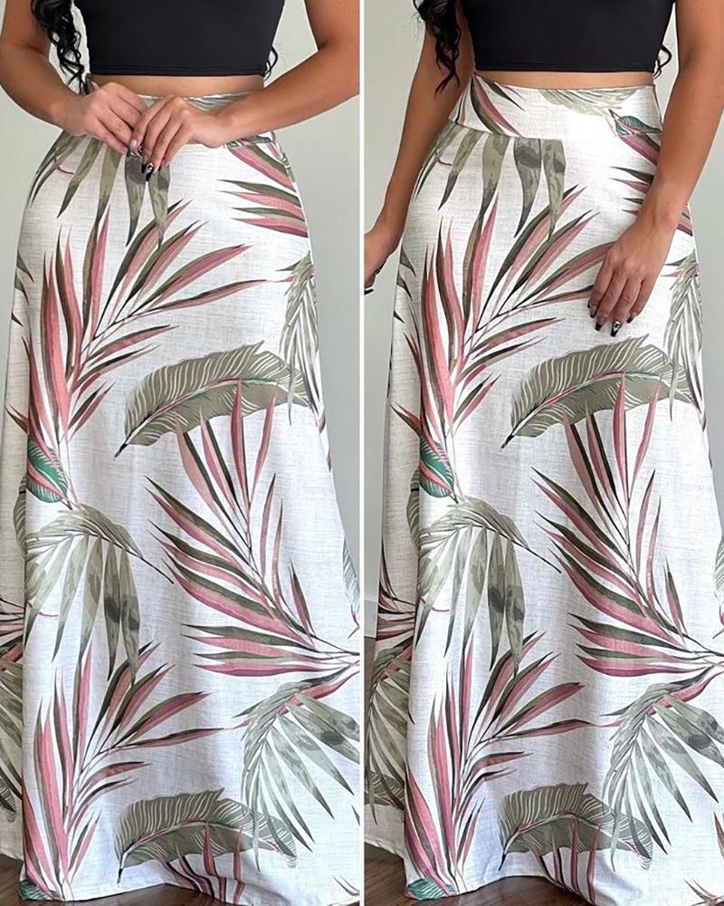 

High Waist Tropical Print Skirt, White