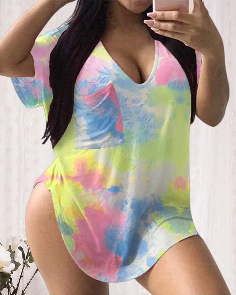 

Tie Dye Print V Neck Short Sleeve T-shirt, Yellow