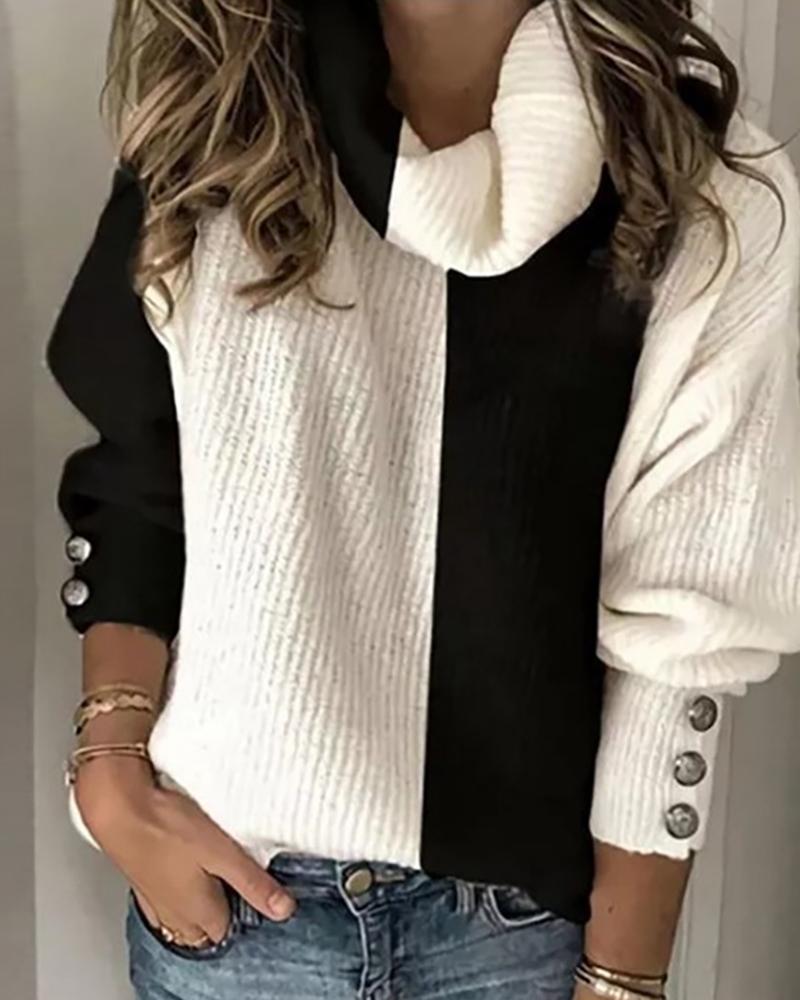 

High Neck Colorblock Lantern Sleeve Top, Black