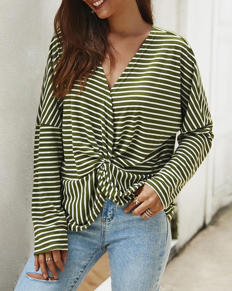 

Long Sleeve V-neck Twist Front Striped Women Top, Army green