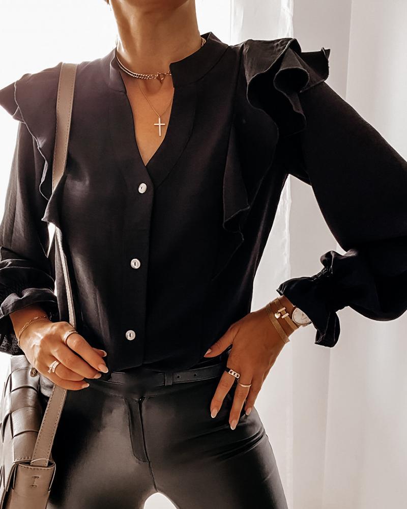 

Ruffles Button Design Bell Sleeve Casual Shirt, Black