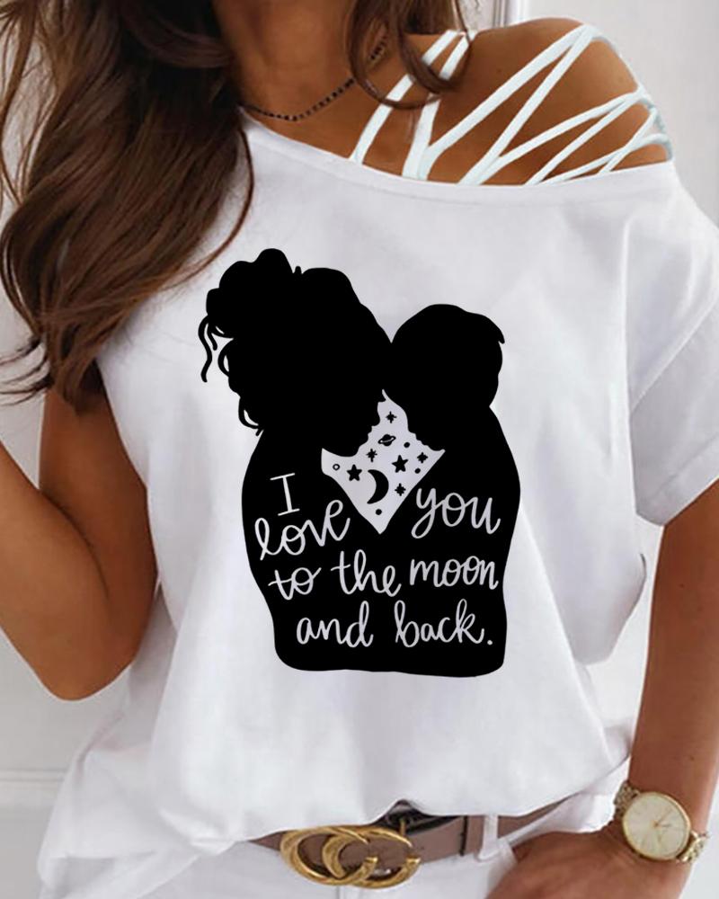 

Mother' Day Figure Letter Print One Shoulder Lace-up Top, White