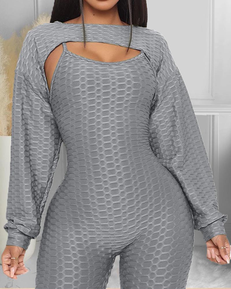 

Textured Lantern Sleeve Top & Spaghetti Strap Jumpsuit Set, Gray