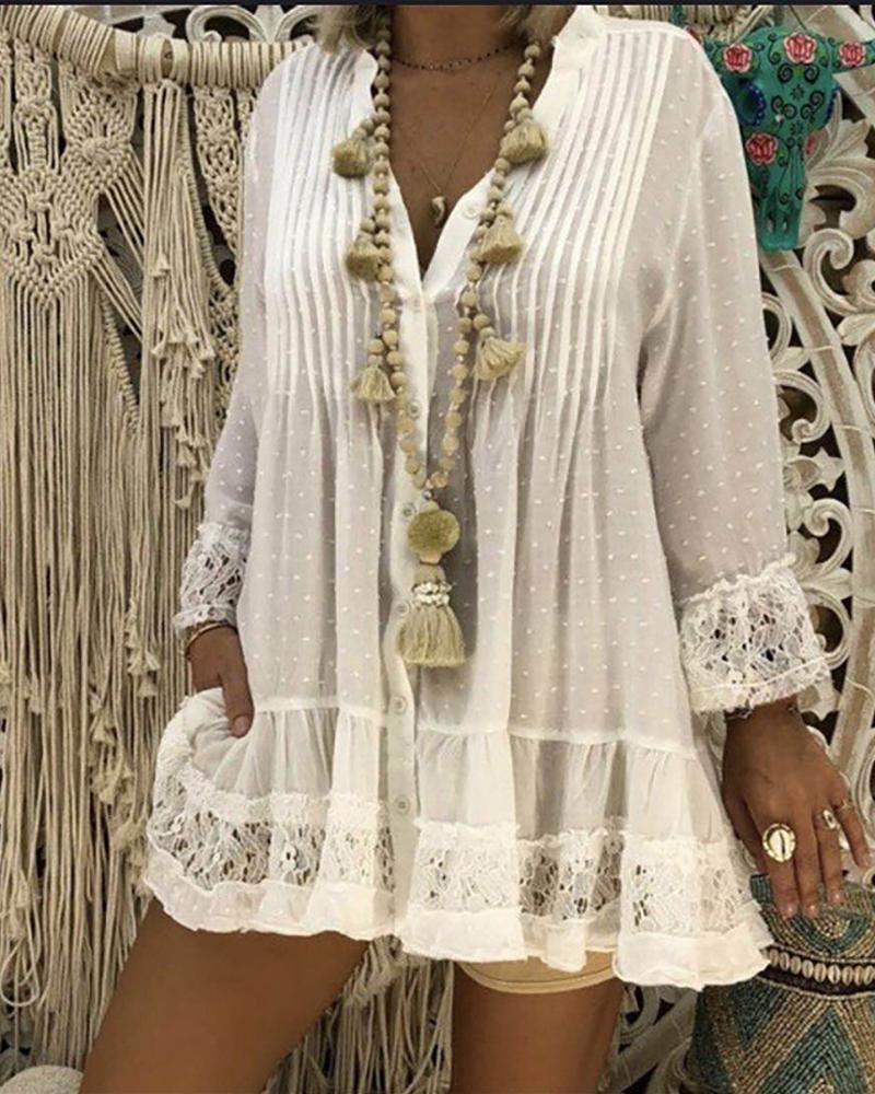 

Swiss Dot Lace Insert Ruffles Top, White