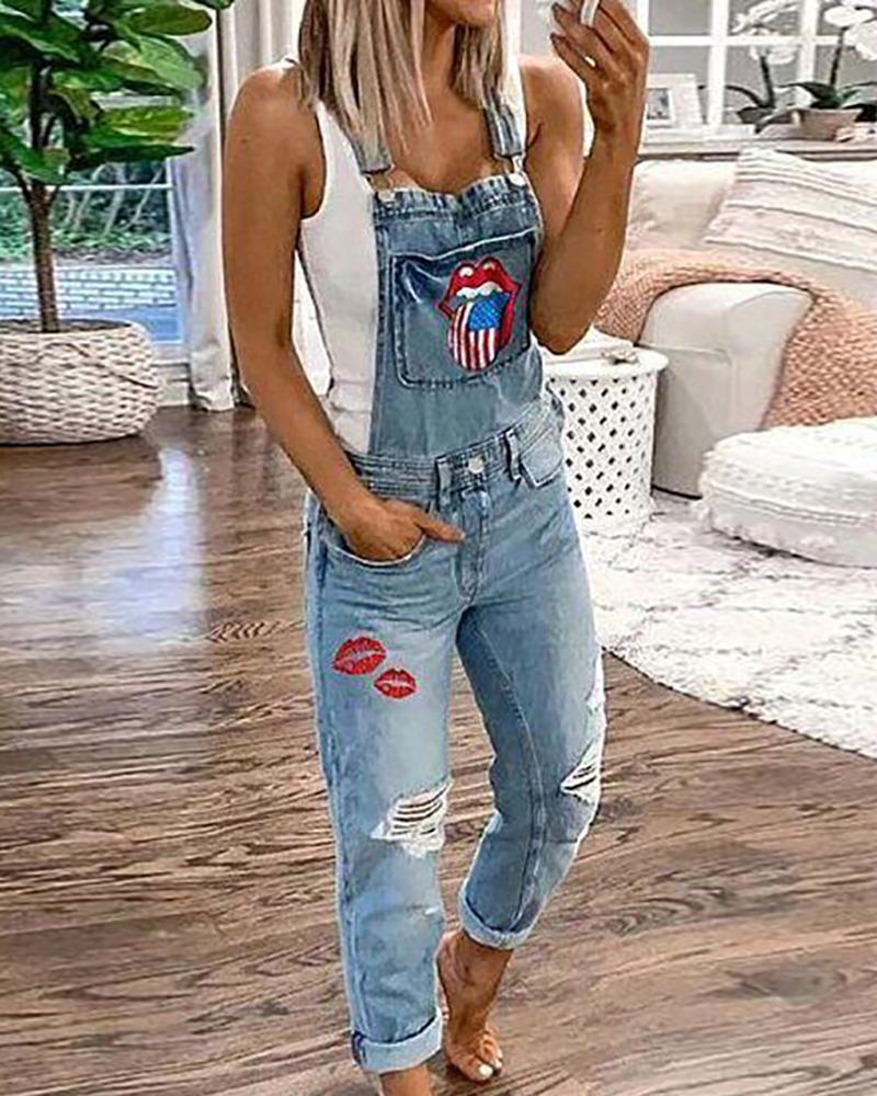 

Lip Print Ripped Pocket Suspender Jeans, Light blue
