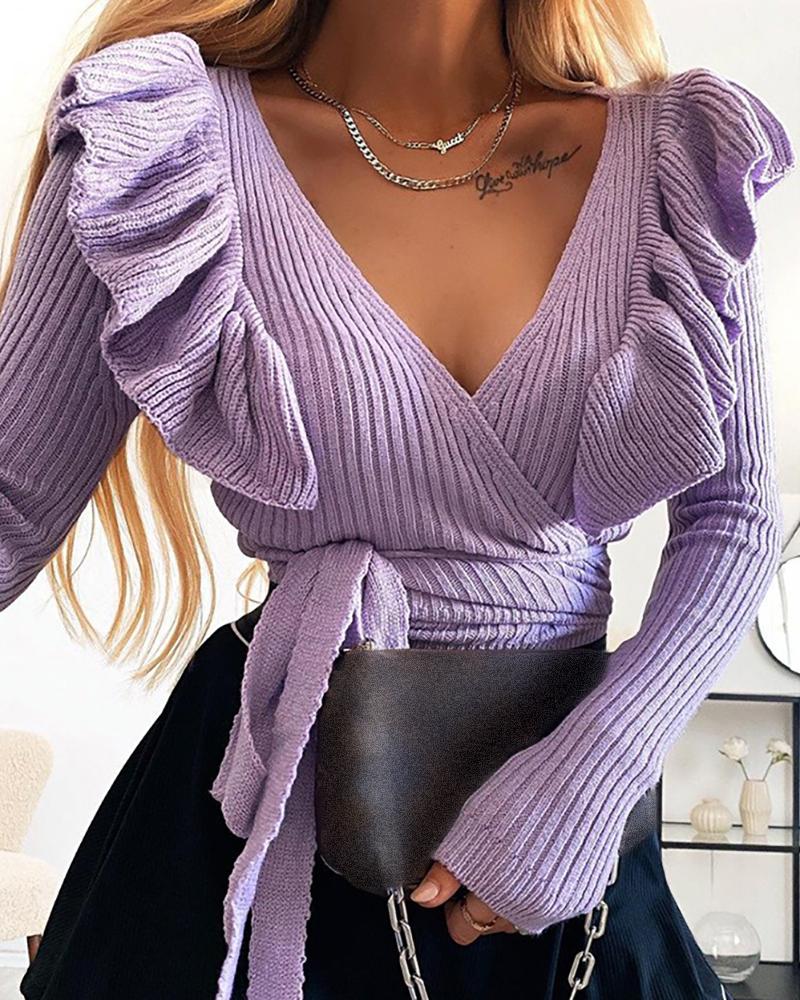 

Ruffles Trim Tie Detail Wrap Knit Sweater, Purple