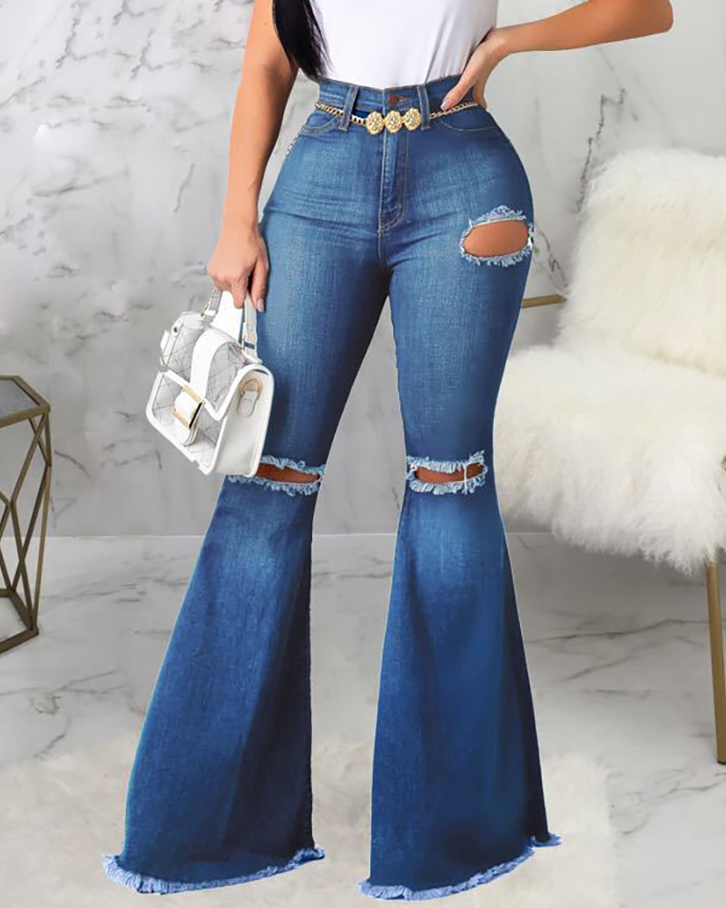 

Cutout Fringe Hem Bootcut Jeans, Dark blue