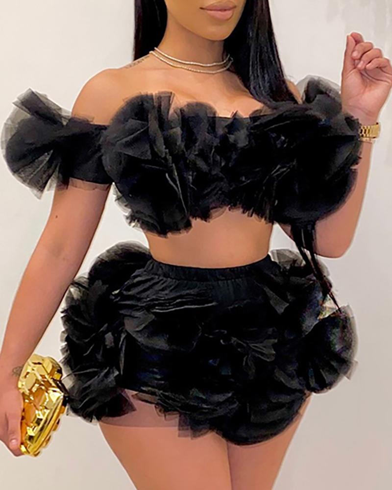 

Off Shoulder Shirring Design Mesh Top & Shorts Set, Black