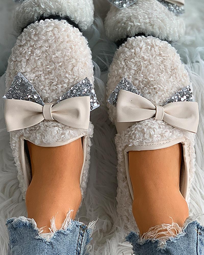 

Bowknot Detail Sequins Fluffy Shoes, Beige