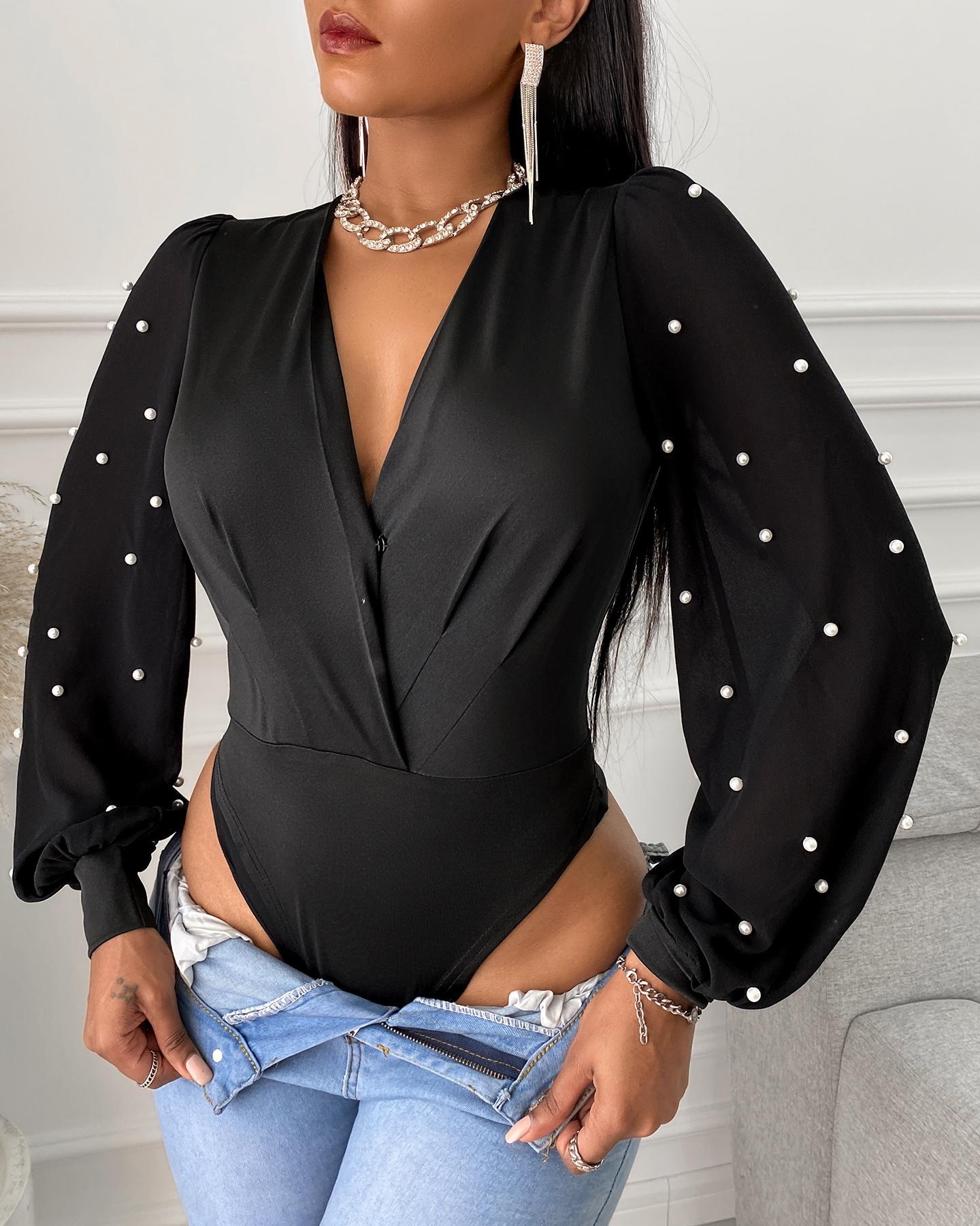 

Beaded Lantern Sleeve Bodysuit, Black
