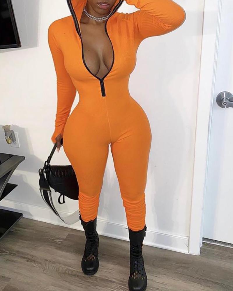 

Zipper Front Long Sleeve Ribbed Fitted Jumpsuit, Orange