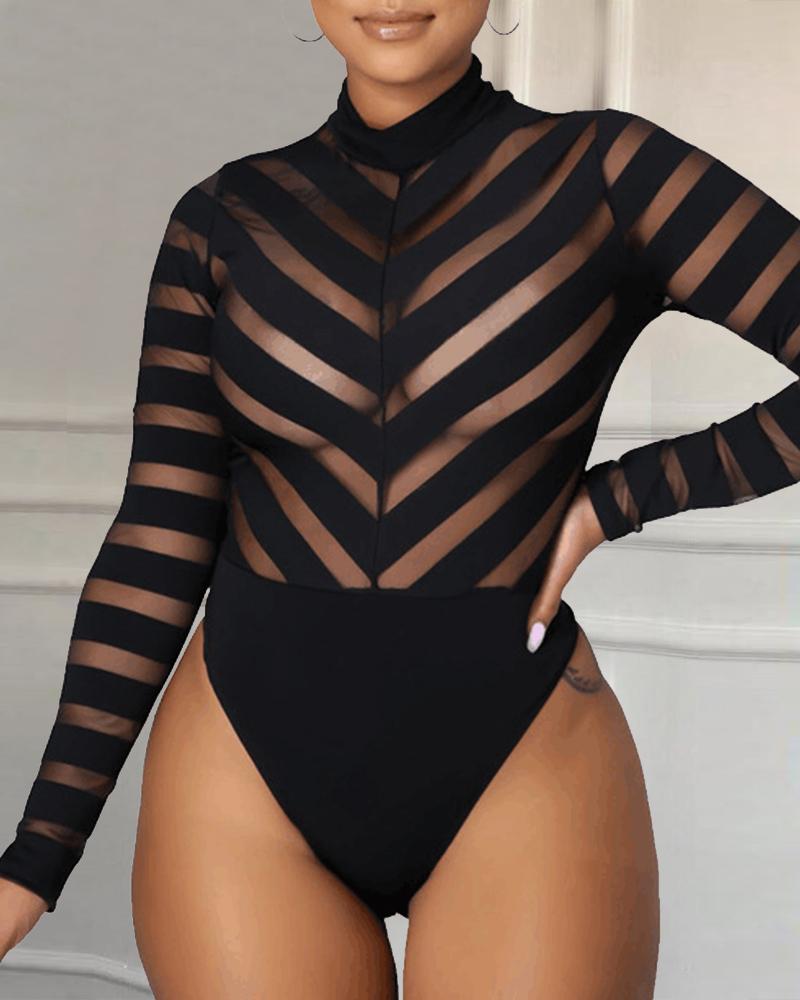 

Solid Color Splicing Mesh Long Sleeve Bodysuit, Black