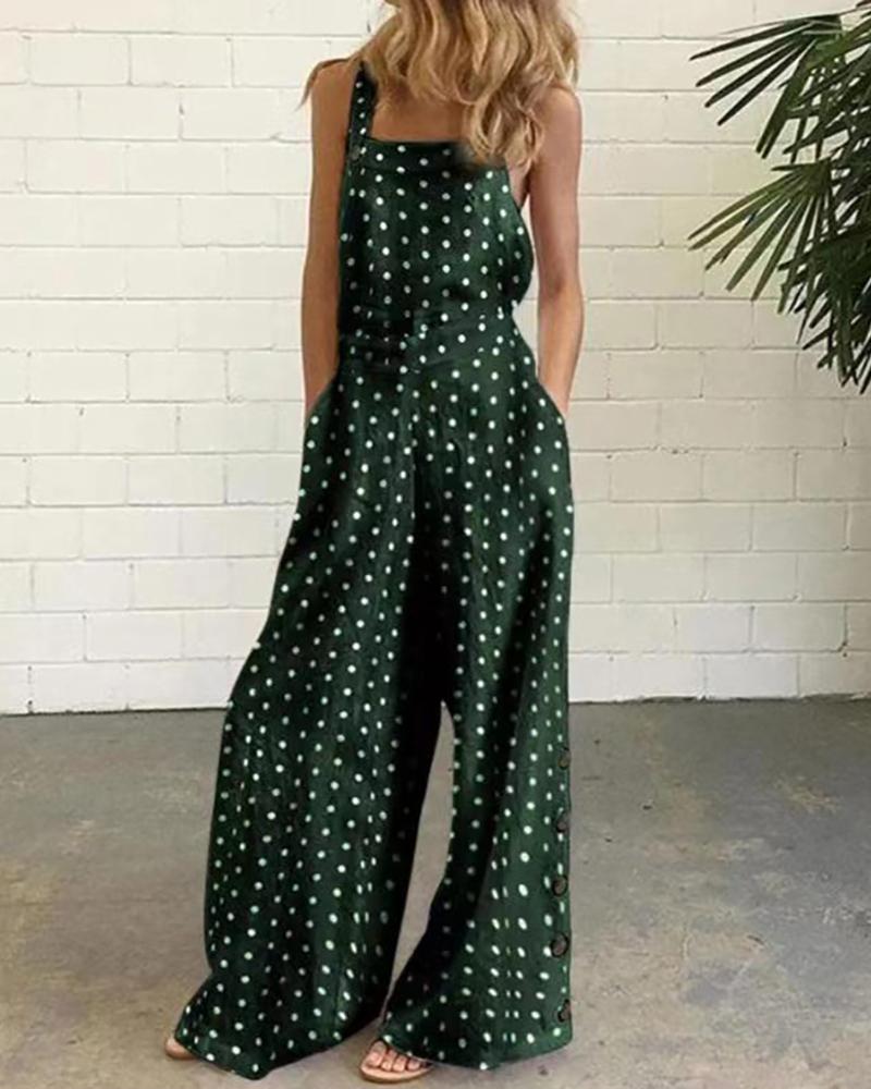 

Polkadot / Tropical Print Pocket Design Wide Leg Jumpsuit, Green