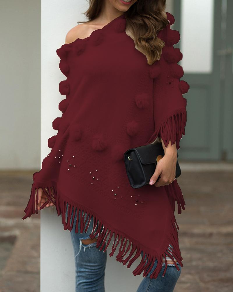 

Tassel Design Pom Pom Casual Cloak Sweater, Wine red