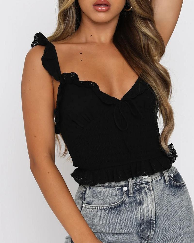 

Frill Hem Backless Cami Crop Top, Black