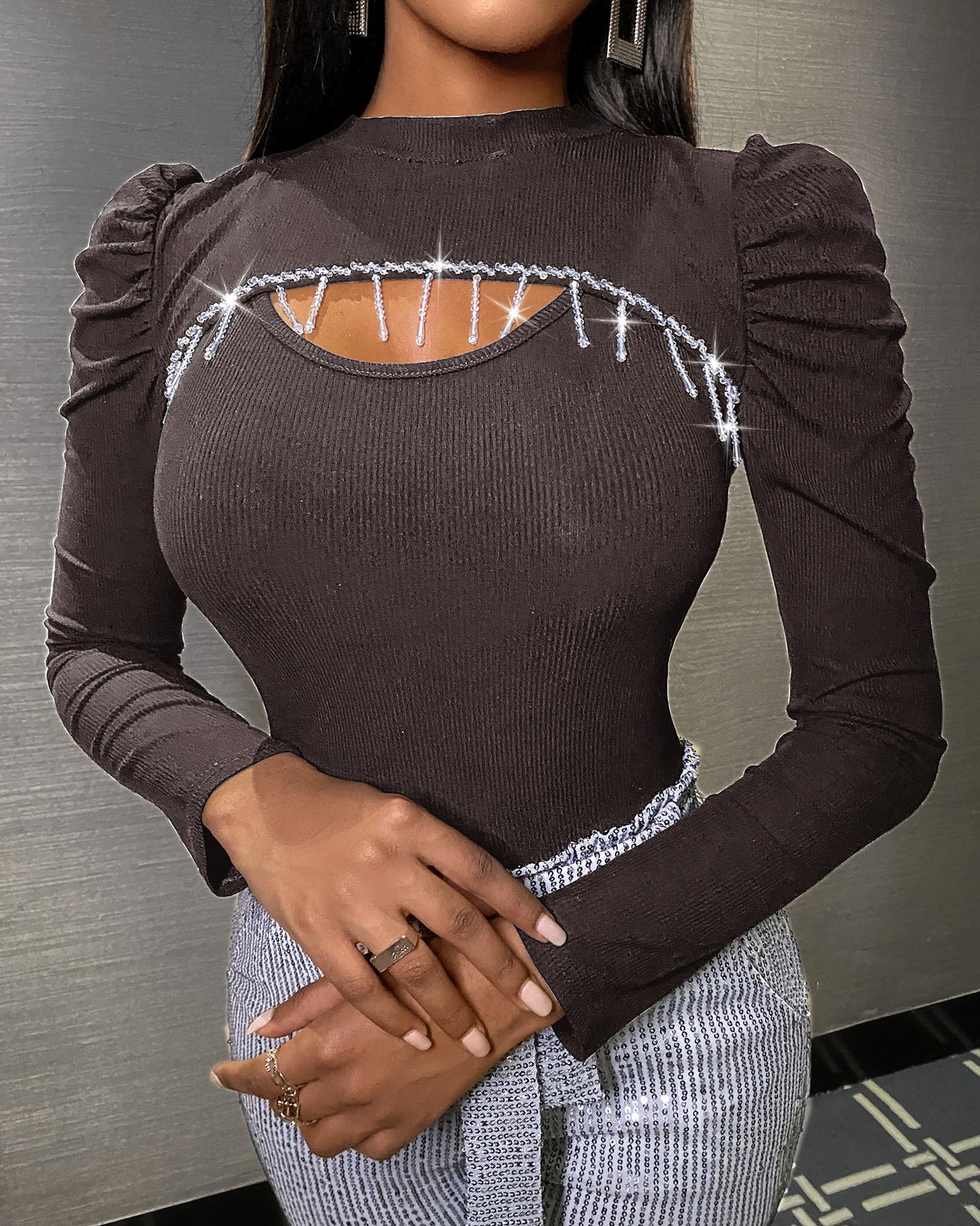 

Puff Sleeve Studded Tassel Decor Cutout Top, Coffee