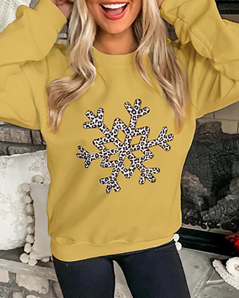 

Christmas Snowflake Cheetah Print Casual Sweatshirt, Yellow