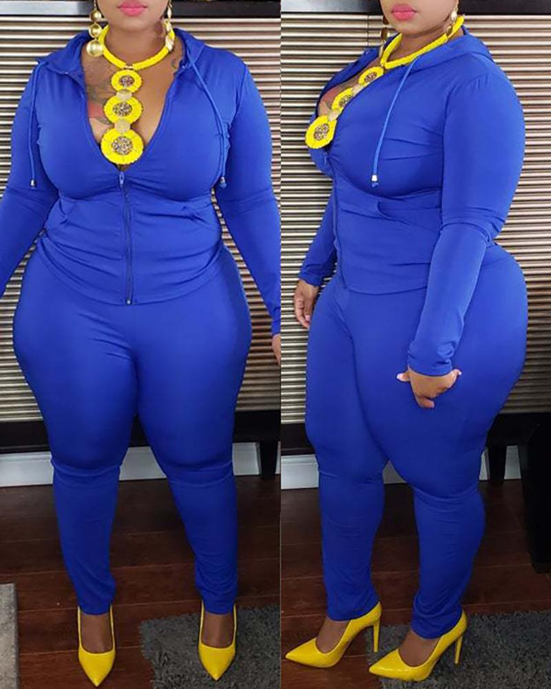 

Plain Zipper Design Top & Pants Set, Blue