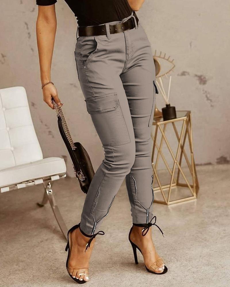 

Pocket Design Zipper Decor Casual Pants Without Belt, Gray