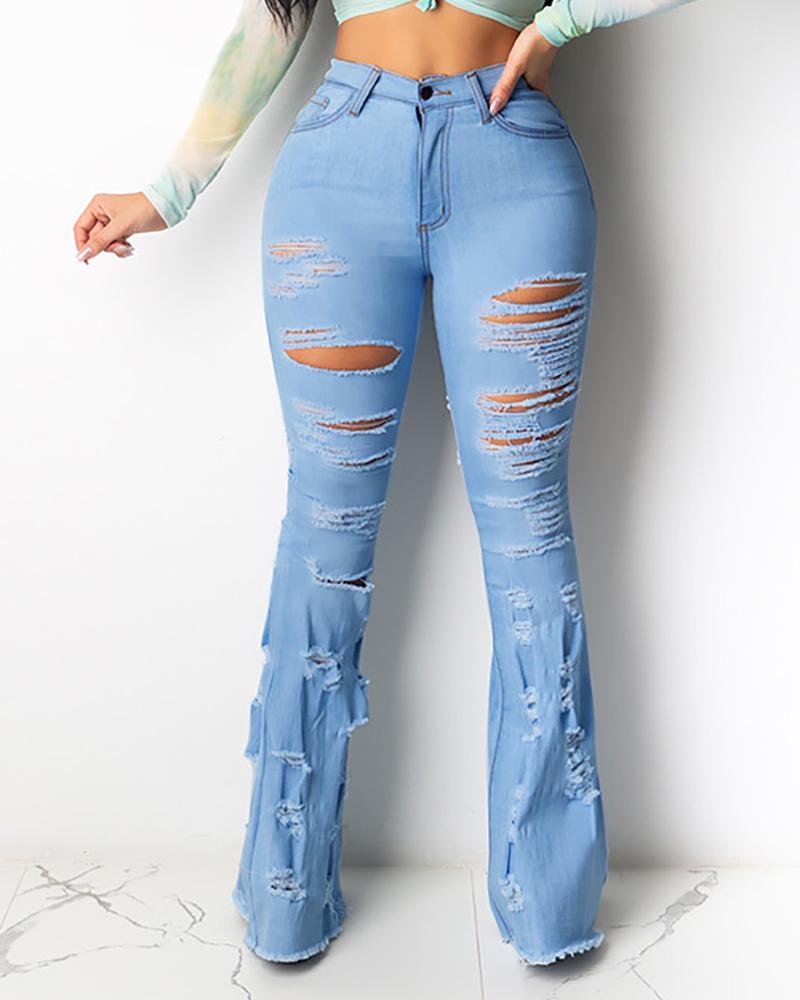 

Denim Distressed Cutout Bell-Bottom Jeans, Blue