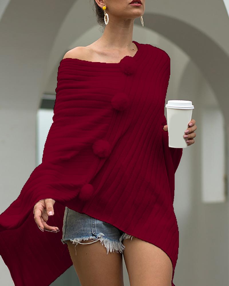 

Solid Pom Pom Casual Cloak Sweater, Red