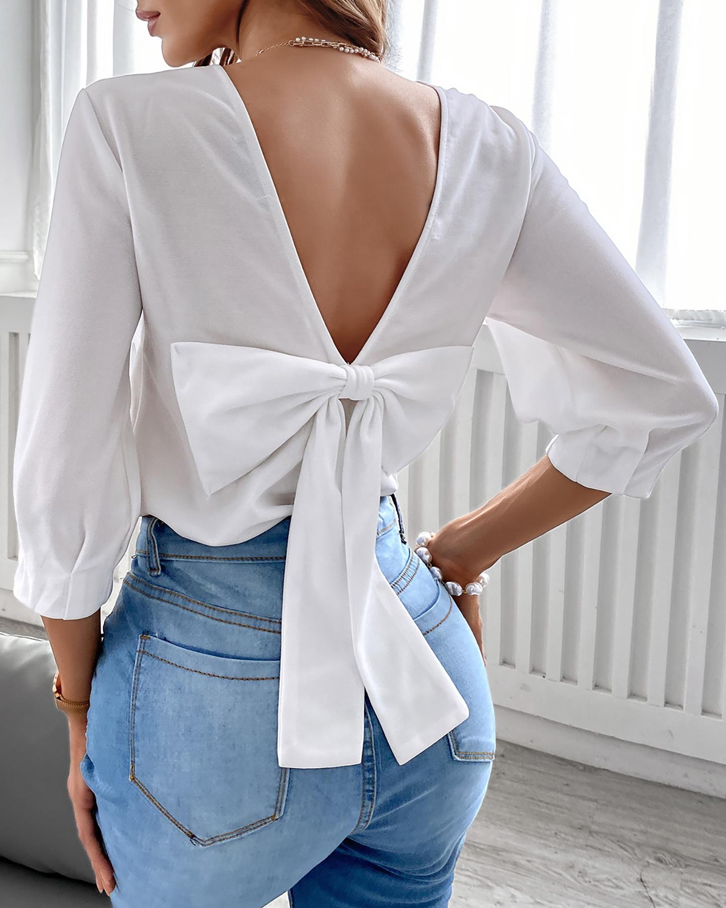 

Bowknot Decor Backless Lantern Sleeve Top, White
