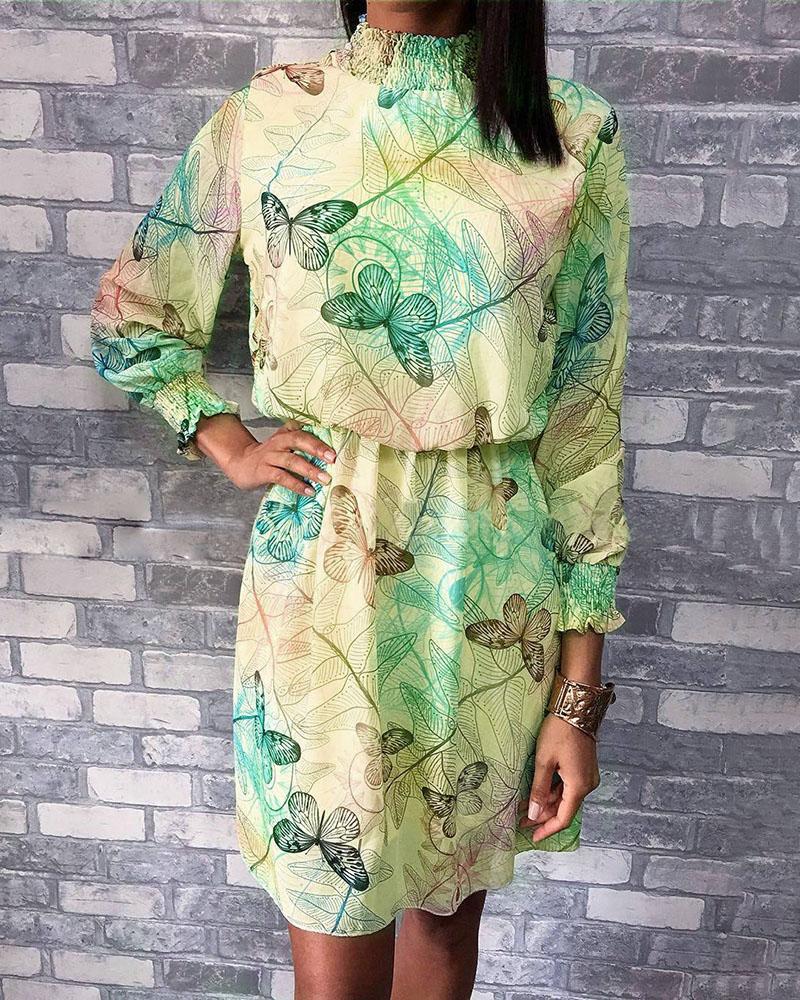 

Shirring Detail Leaf Print Casual Women Dress, Green