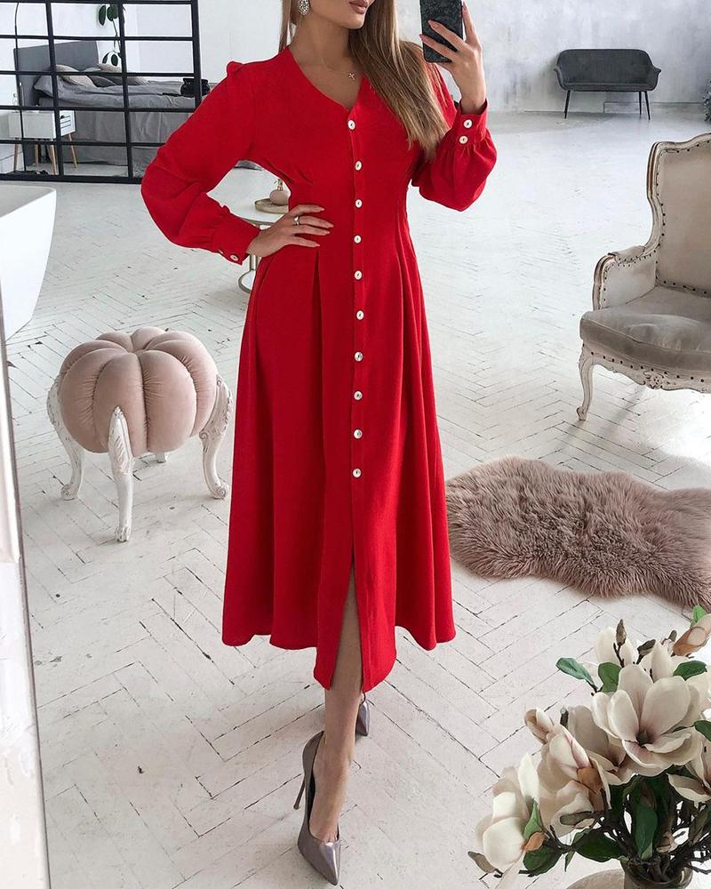 

Button Front Puff Sleeve Casual Dress, Red