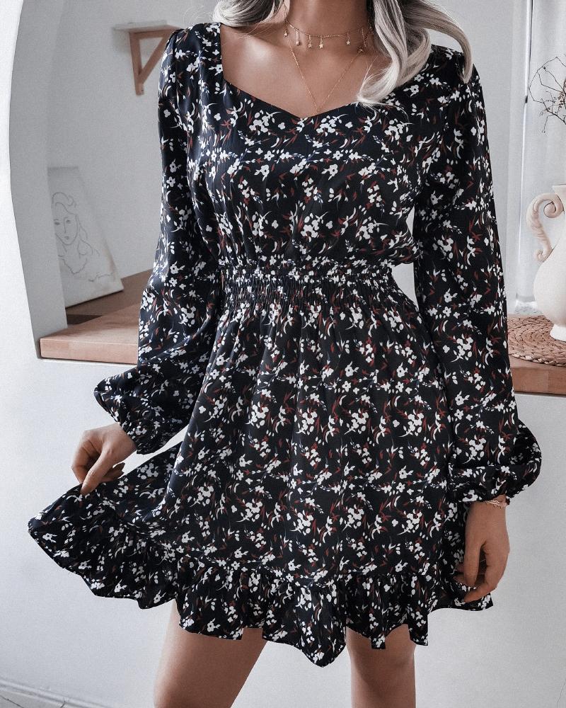 

All Over Print Lantern Sleeve Dress, Black