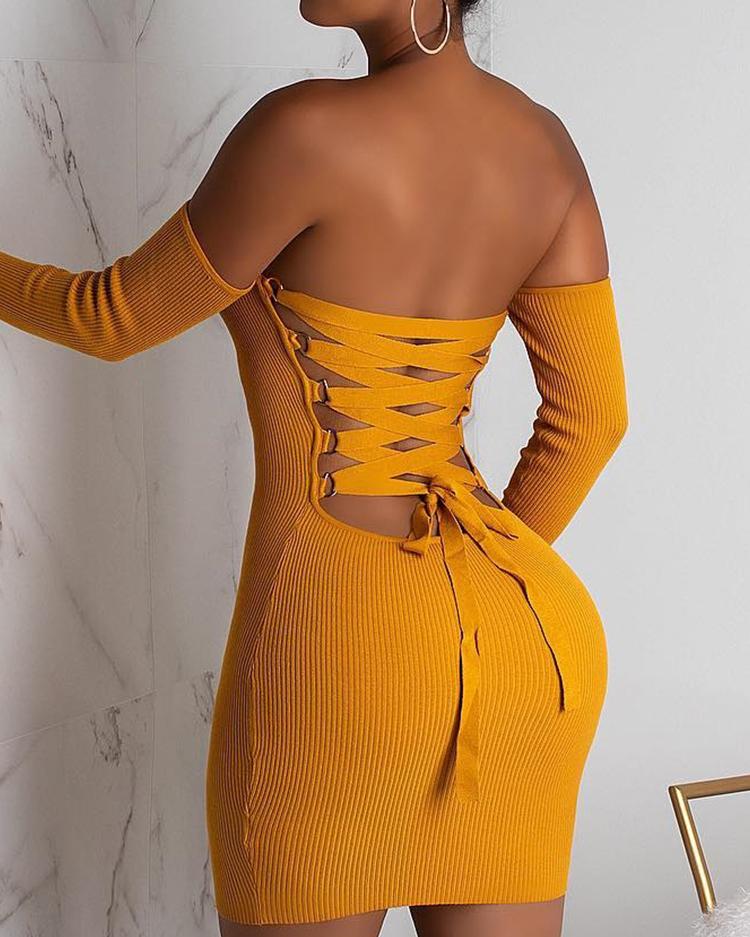 

Off Shoulder Lace-Up Back Bodycon Dress, Dark yellow