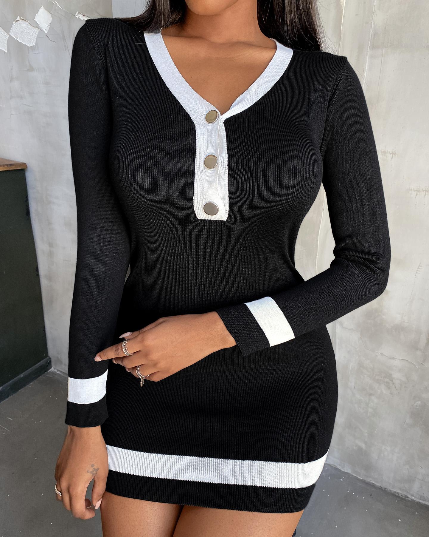 

Colorblock Button Design Knit Long Sleeve Dress, Black