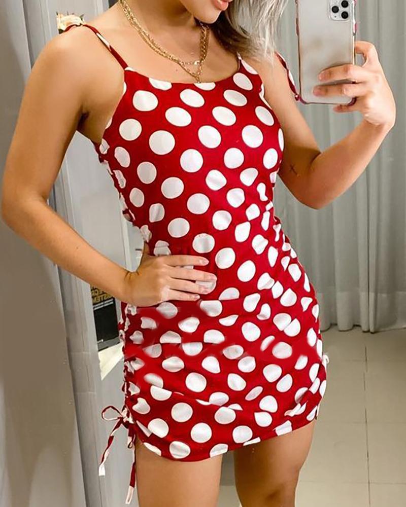 

Polka Dot Print Drawstring Ruched Bodycon Dress, Red