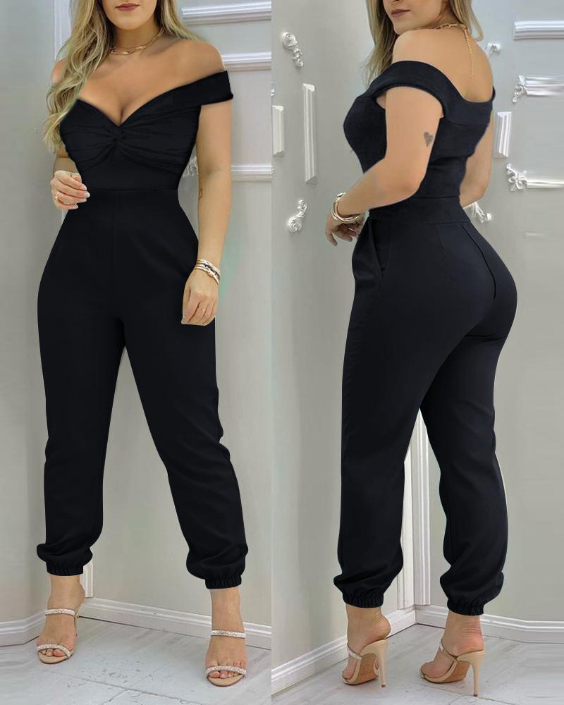 

Off Shoulder Twisted Front Short Sleeve Jumpsuit, Black