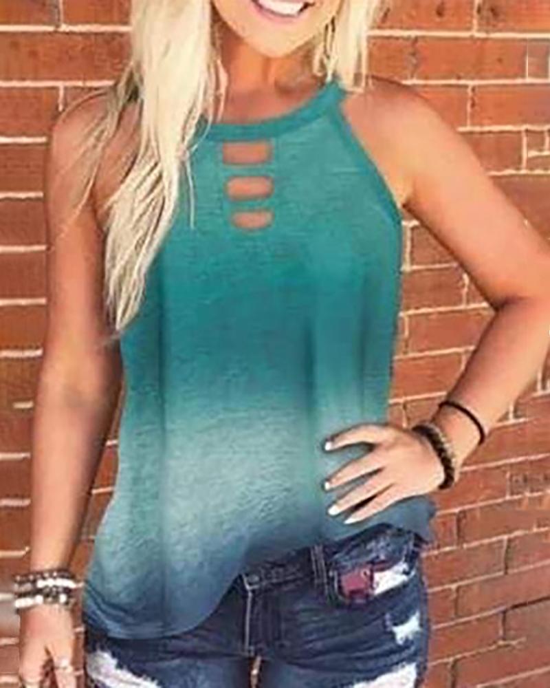 

Print Round Neck Cut Out Tank Women Top, Green