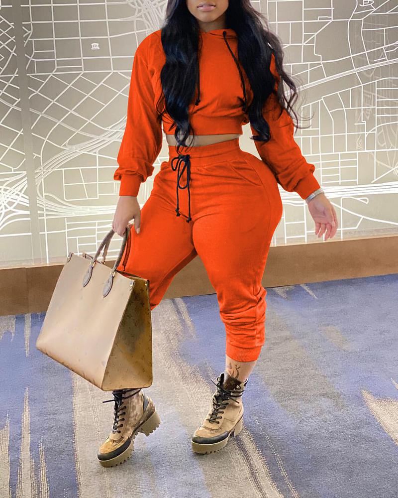 

Solid Long Sleeve Sweatshirt With Harem Pants Suit Sets, Orange
